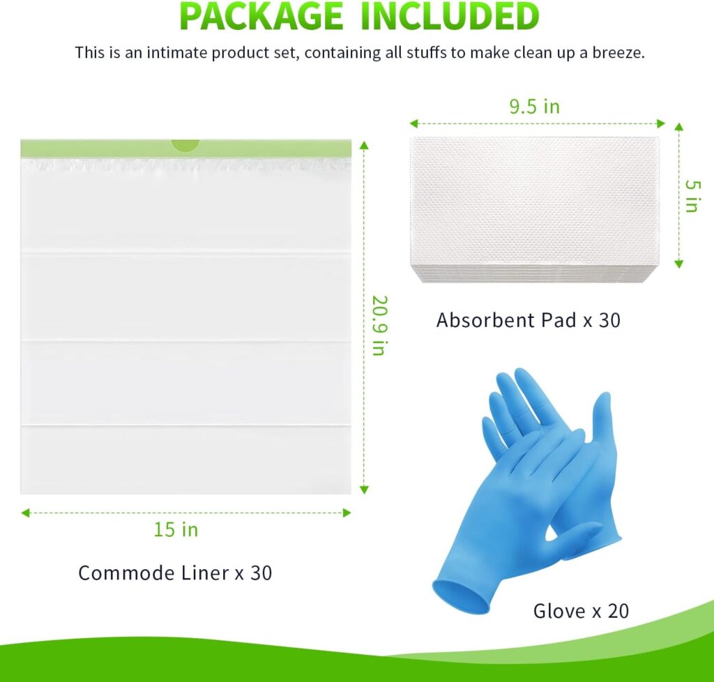 30 Pack Bedside Commode Liners with 30 Super Absorbent Pads and 20 Gloves, Disposable Toilet Bags for Senior