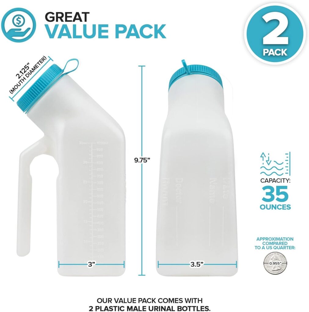 35 oz Male Urinal Bottle- Durable Plastic Urinal Bottle - Portable Urinal Bottle - Urinal Bottle with Leakproof Screw-On Lid - Urinal Bottle with Easy-to-Read Measurement Lines - Stock Your Home