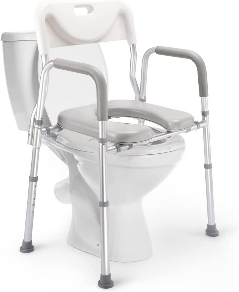 4-in-1 Raised Toilet Seat with Handles and Back, Medical Bedside Commode Chair, Adjustable Toilet Safety Frame, Shower Chair for Seniors, Elderly, Handicap, Pregnant，Collapsible Basin Included