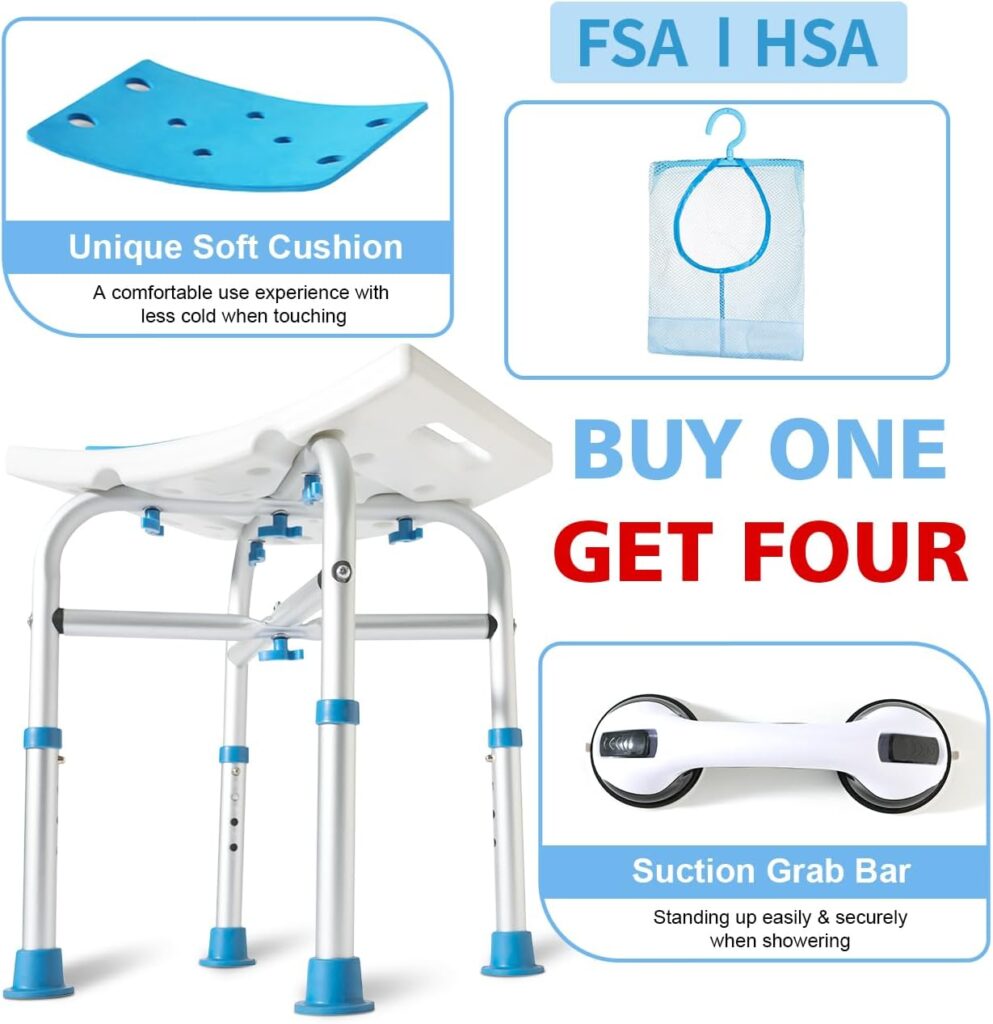 500lb Heavy Duty Shower Chair for Inside Shower, HSA/FSA Eligible Padded Shower Seat with Grab Bar, Adjustable Bath Chairs for Bathtub, Shower Stool for Elderly/Senior/Handicap/Pregnant by SOUHEILO