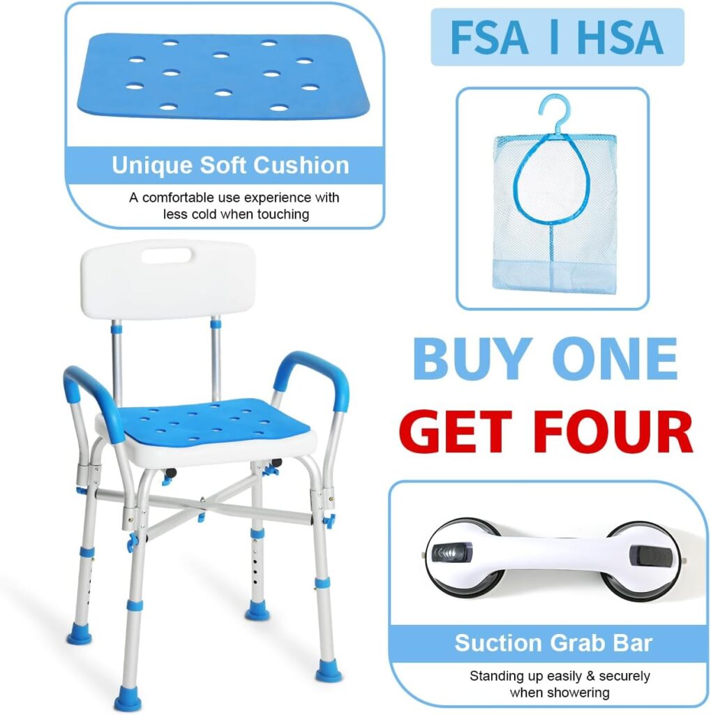 500lb Heavy Duty Shower Chair with Arms and Back, FSA/HSA Eligible Shower Seat for Bathtub, Waterproof Shower Stool for Inside Shower, Adjustable Shower Bath Chairs for Seniors/Disabled by SOUHEILO