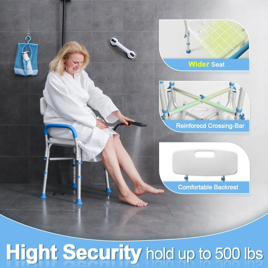 500lb Heavy Duty Shower Chair with Arms and Back, FSA/HSA Eligible Shower Seat for Bathtub, Waterproof Shower Stool for Inside Shower, Adjustable Shower Bath Chairs for Seniors/Disabled by SOUHEILO