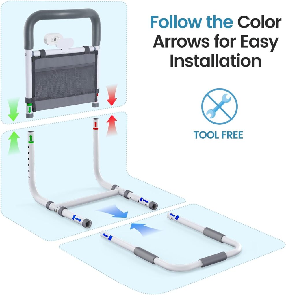 ADERI Adjustable Bed Rails for Elderly Adults with Night Light  Bag, Bed Assist Rail with Double Crossbar, Bed Railings Protects Seniors from Falling