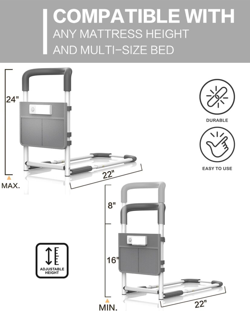 Agrish Bed Rails for Elderly Adults - with Motion Light  Storage Pocket, Bedside Assist Bar for Seniors  Surgery Patients - Medical Bed Handles w/Extendable Height  Lenth Fit Any Bed