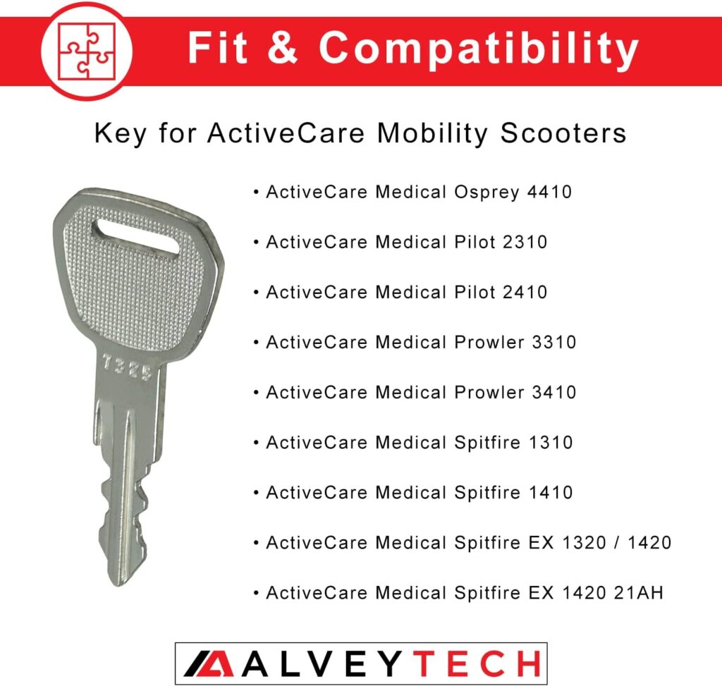 AlveyTech Replacement Scooter Key - for ActiveCare/Drive Osprey 4410, Pilot 2310/2410, Prowler 3310/3410, Spitfire 1310/1410 4-Wheel Power Mobility Electric Travel Medical Scooters for Seniors/Adults