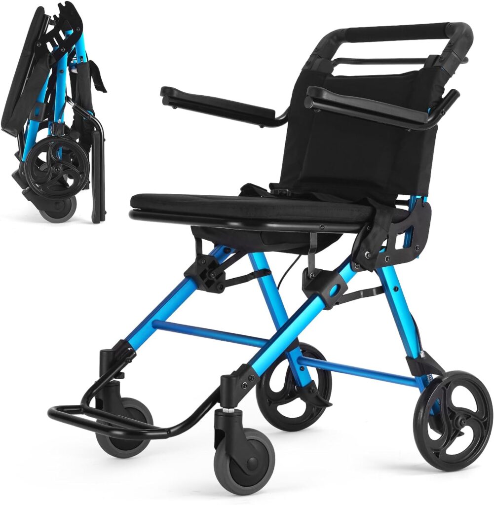 Ambliss Portable Transport Wheelchair for Adults Support 300lbs Aluminum Folding Blue Airplane Travel Foldable Wheelchairs Trolley for Seniors and Child with Locking Handbrake and Safety Belt