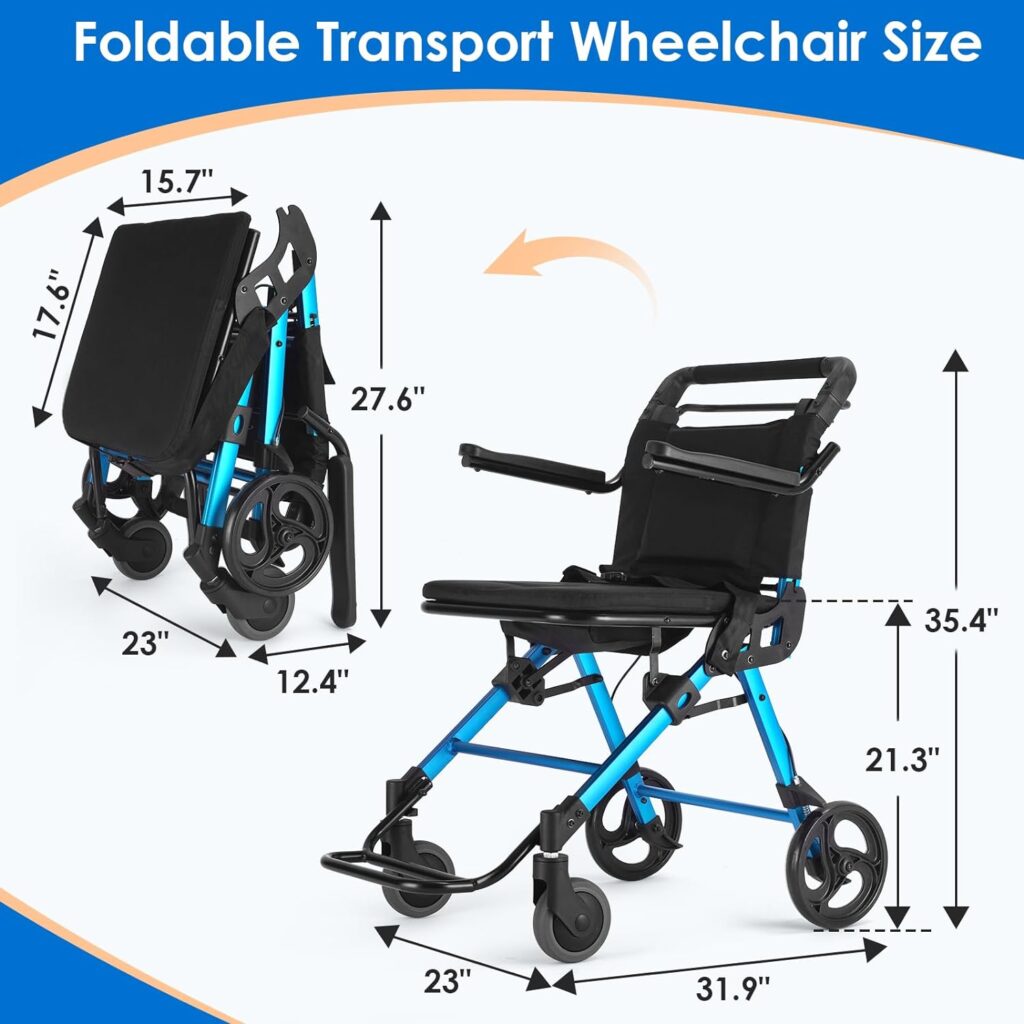 Ambliss Portable Transport Wheelchair for Adults Support 300lbs Aluminum Folding Blue Airplane Travel Foldable Wheelchairs Trolley for Seniors and Child with Locking Handbrake and Safety Belt