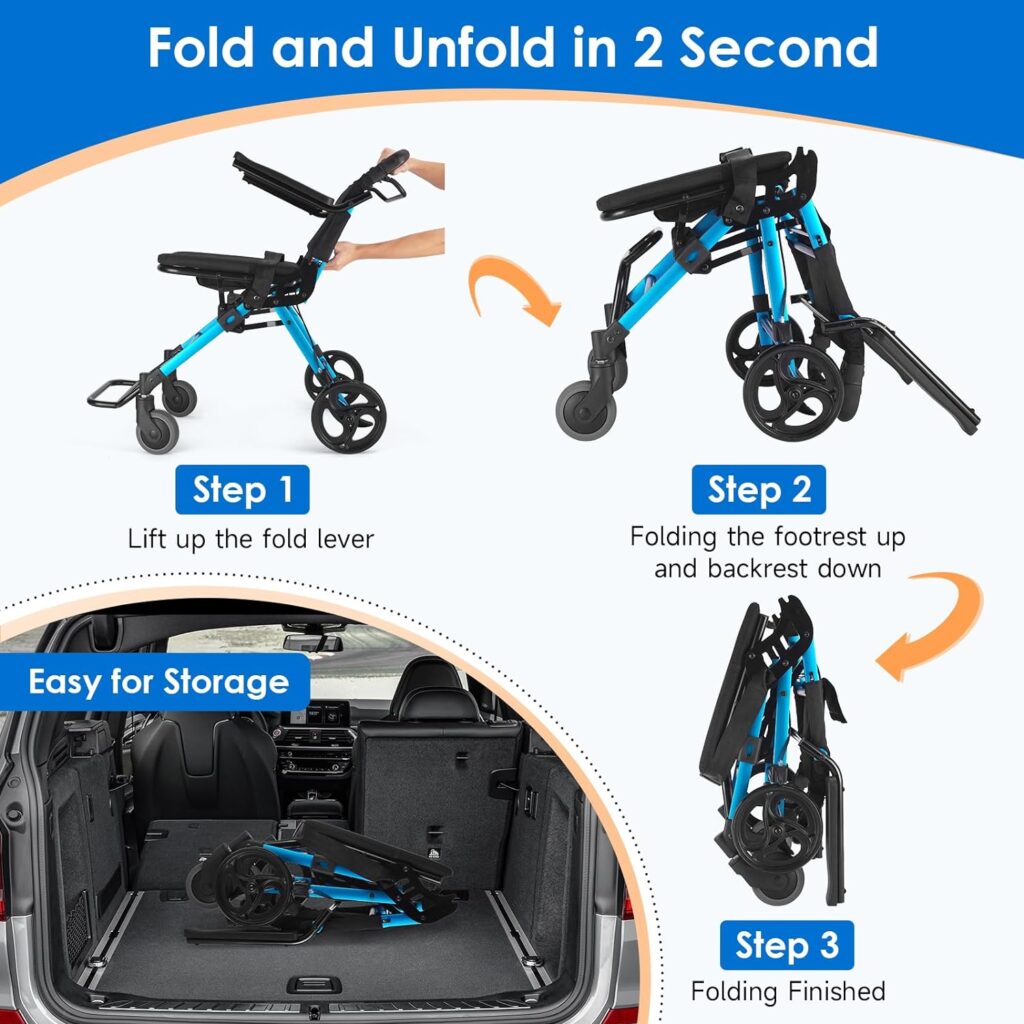 Ambliss Portable Transport Wheelchair for Adults Support 300lbs Aluminum Folding Blue Airplane Travel Foldable Wheelchairs Trolley for Seniors and Child with Locking Handbrake and Safety Belt