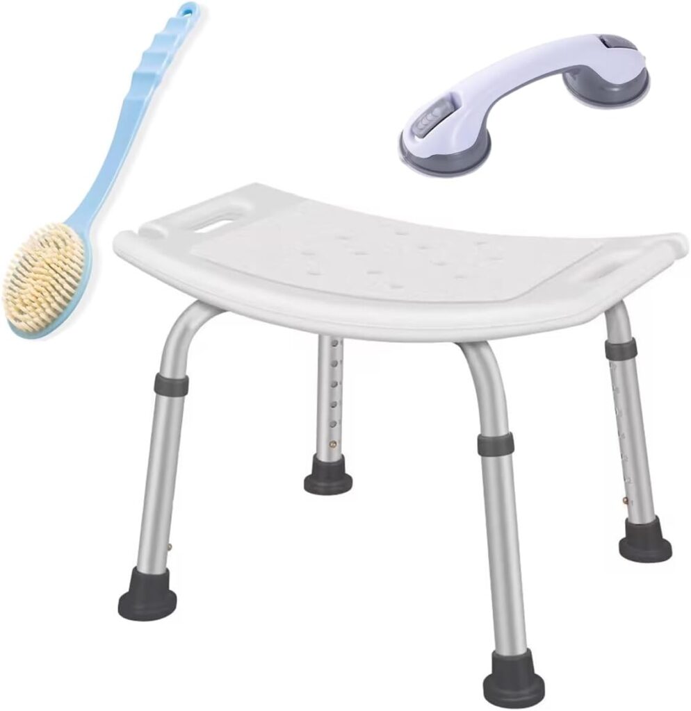 Bath Shower Safety Chair Seat with Suction Assist Grab Bar and Bath Brush, Adjustable and Anti-Slip Bench Bathtub Stool for Elderly or Seniors (ShowerChair, White)