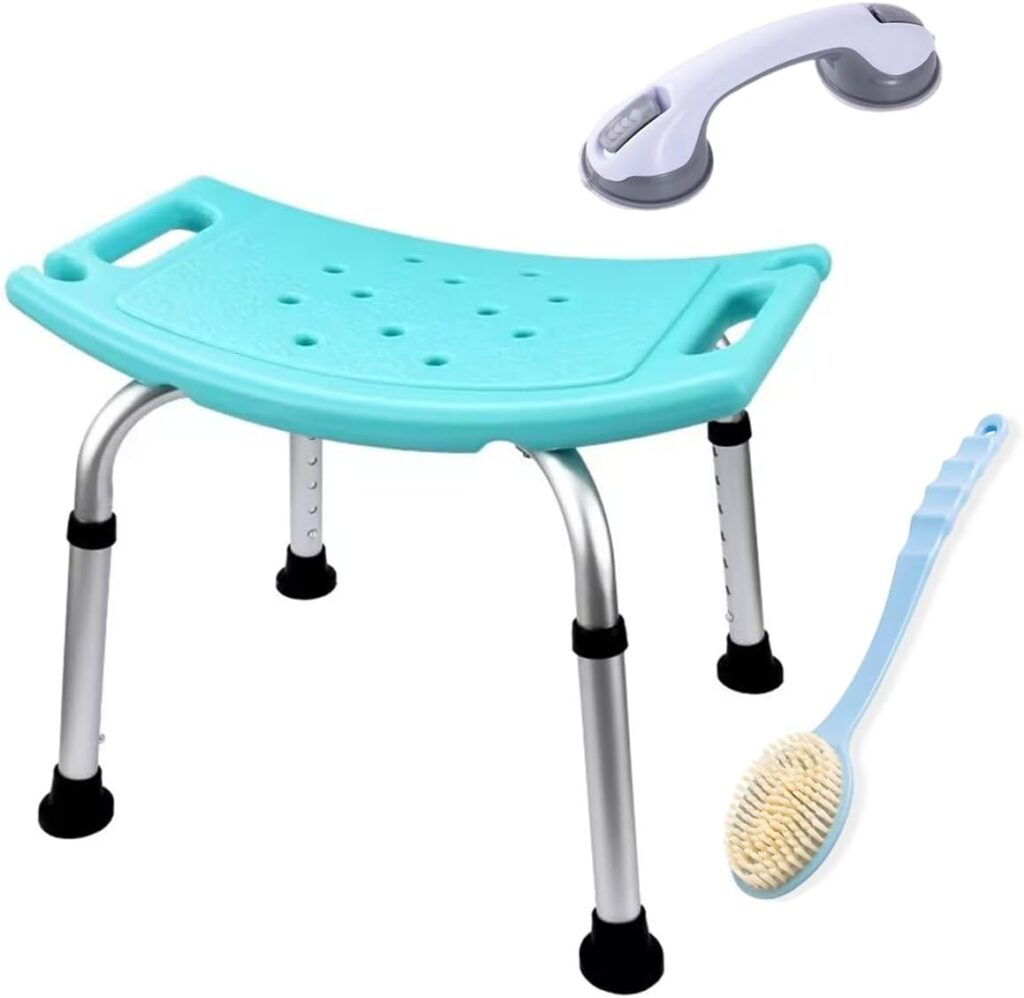 Bath Shower Safety Chair Seat with Suction Assist Grab Bar and Bath Brush, Adjustable and Anti-Slip Bench Bathtub Stool for Elderly or Seniors (ShowerChair, White)