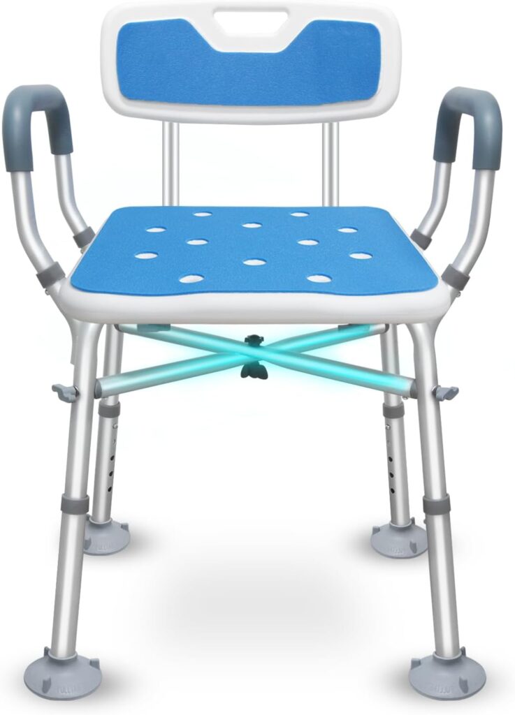 Bcareself Shower Chair with Arms with Unique Heavy Duty Crossbar Supports Bath Chair with Back Bariatric Bath Stool Safety Handicap Shower Chair for Disabled Elderly Seniors Height Adjustable