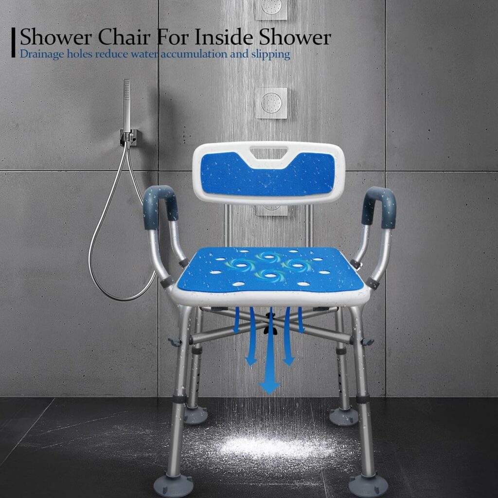 Bcareself Shower Chair with Arms with Unique Heavy Duty Crossbar Supports Bath Chair with Back Bariatric Bath Stool Safety Handicap Shower Chair for Disabled Elderly Seniors Height Adjustable