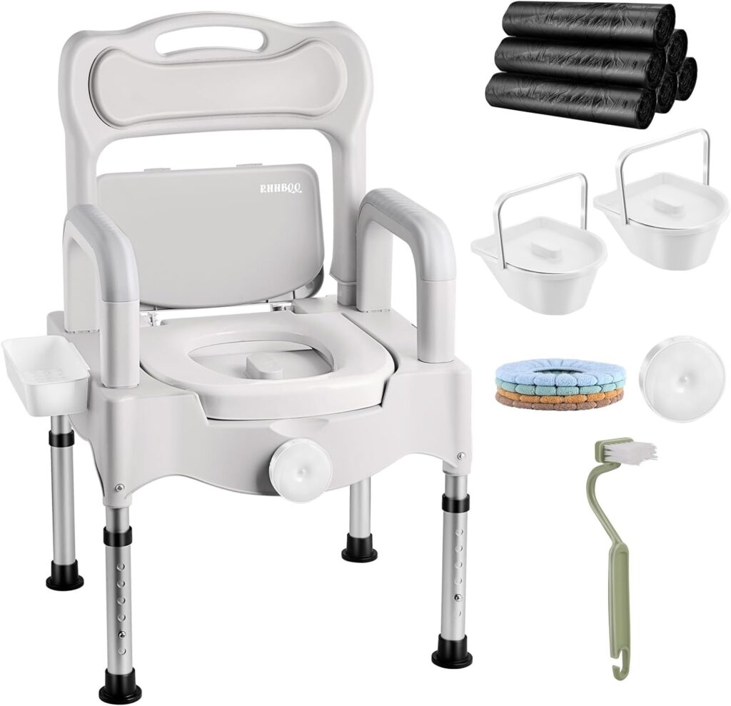 Bedside Potty, Adult Portable Toilet, Potty Chair, Potty with Handle, Height-Adjustable Senior/Disabled Chair, Gift Package Comes with Double Buckets, Sensor Light, Trash Bag, Potty Brush, Potty pad