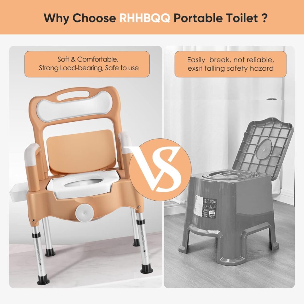 Bedside Potty, Adult Portable Toilet, Potty Chair, Potty with Handle, Height-Adjustable Senior/Disabled Chair, Gift Package Comes with Double Buckets, Sensor Light, Trash Bag, Potty Brush, Potty pad