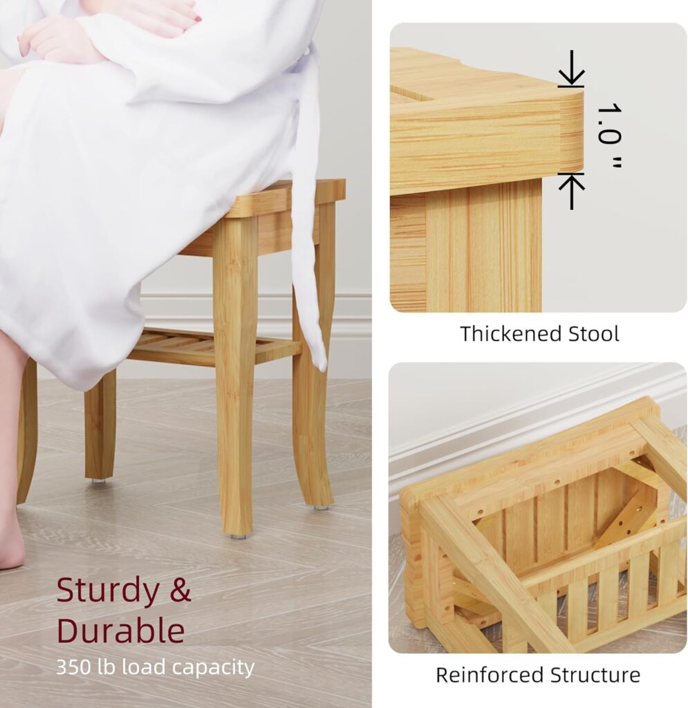 BEKVEM Bamboo Shower Bench, Spa Small Shower Stool for Inside Shower Waterproof, Bathroom Bench Seat with Storage Shelf for Adults Elderly Seniors, Wood Chair for Indoor or Outdoor Use, Natural