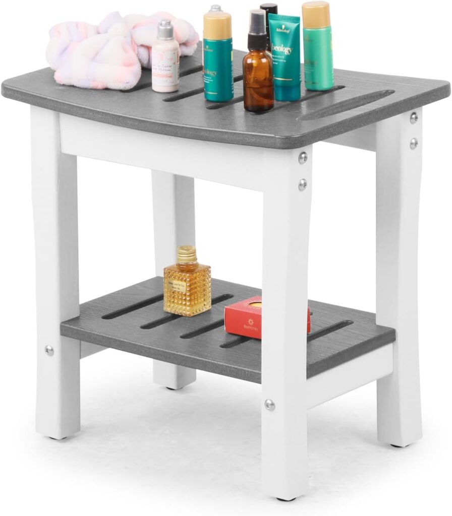 BIVODA Shower Bench Rot Resistance,HDPE Shower Stool,2-Tier Storage Shelf Shower Chair for Shaving Legs or Spa Bath Seat in Bathroom  Inside Shower for Adults Seniors Elderly,Indoor and Outdoor Use