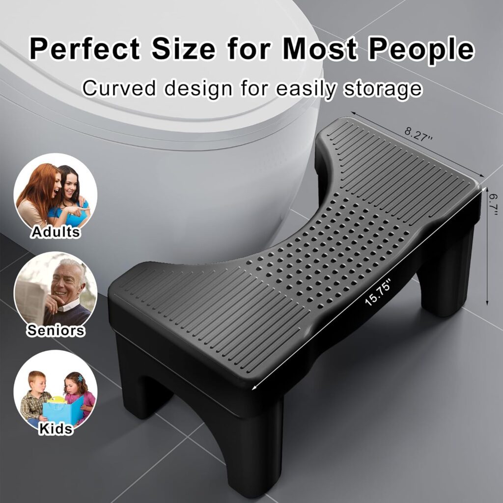 Black Toilet Stool Squat Adult, Portable Poop Stool Potty Stool for Bathroom Adults, Plastic Toilet Foot Step Stool for Seniors and Kids, Anti Slip Pooping Stool with Modern Design, Black, 7