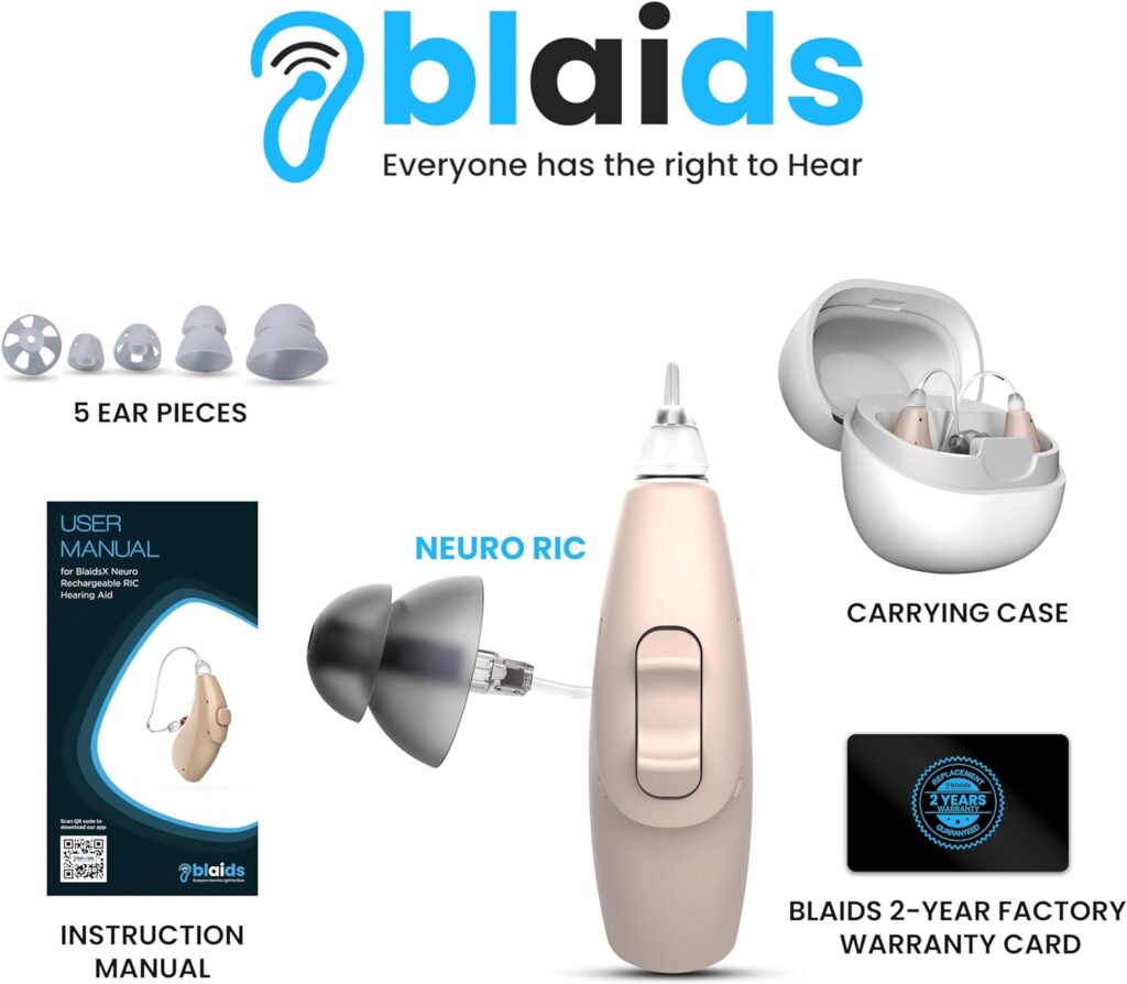 BlaidsX Neuro Rechargeable RIC + Programmable Hearing Aids for Adults with Mobile App Hearing Test  Noise Cancellation, Hearing Aids for Seniors, Dual Mic  48 DSP Channels. USA-Made Processor