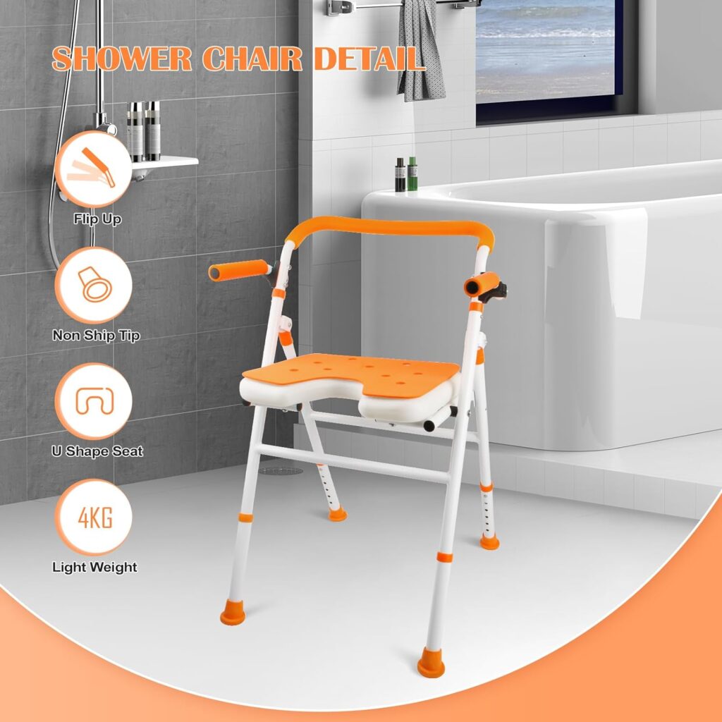 Boiarc Foldable Shower Chair, Folding Bath Shower Seat for Inside Shower, Minimalist Shower Chair with Arms and Back Height Adjustable, Portable Safety Bathtub Chair for Elderly, Seniors, Disabled