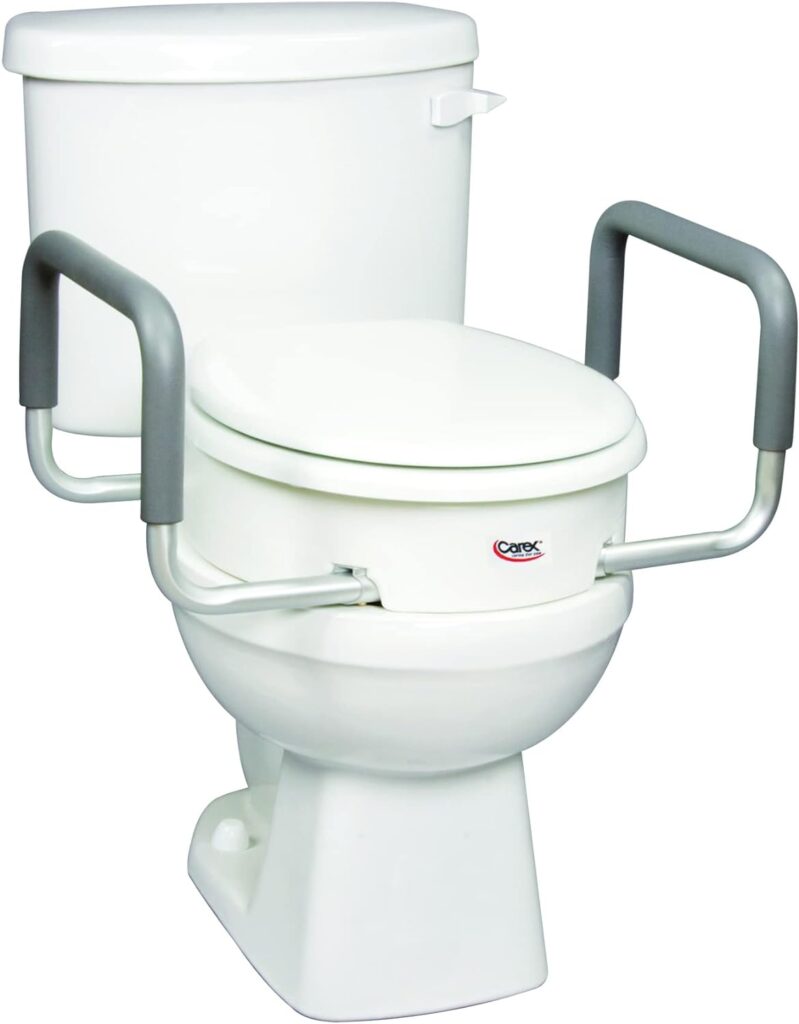 Carex 3.5 Inch Raised Toilet Seat with Arms - For Round Toilets - Elevated Toilet Riser with Removable Padded Handles, Easy On and Off, Support 250 lbs