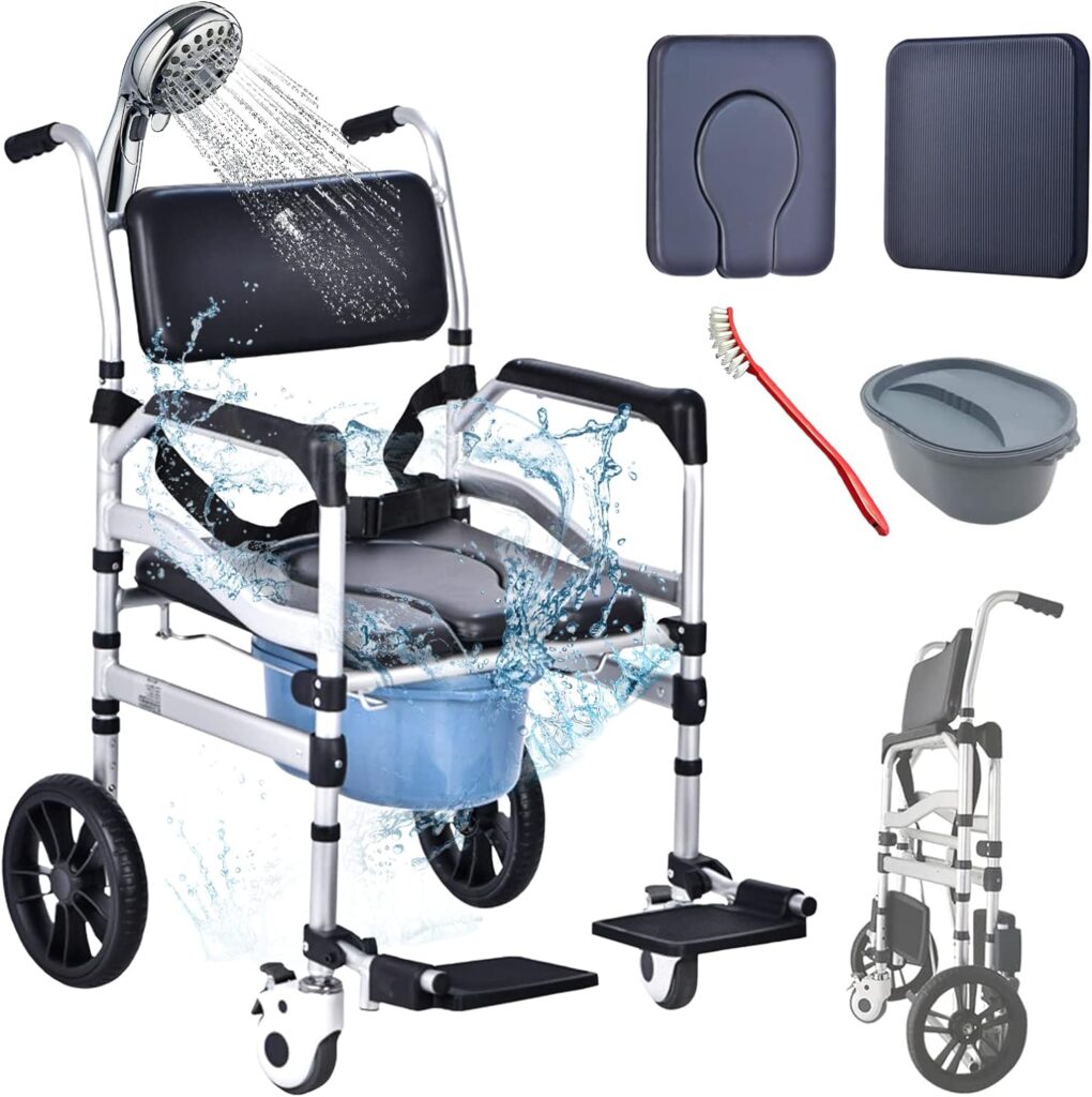 CHAVELLY Shower Chair with Wheels, 3 in 1 Commode, Handicap Toilet, Bedside Commode, Commode Chair for Toilet with arms, Folding Shower Commode Wheelchair, Bedside commodes for Seniors