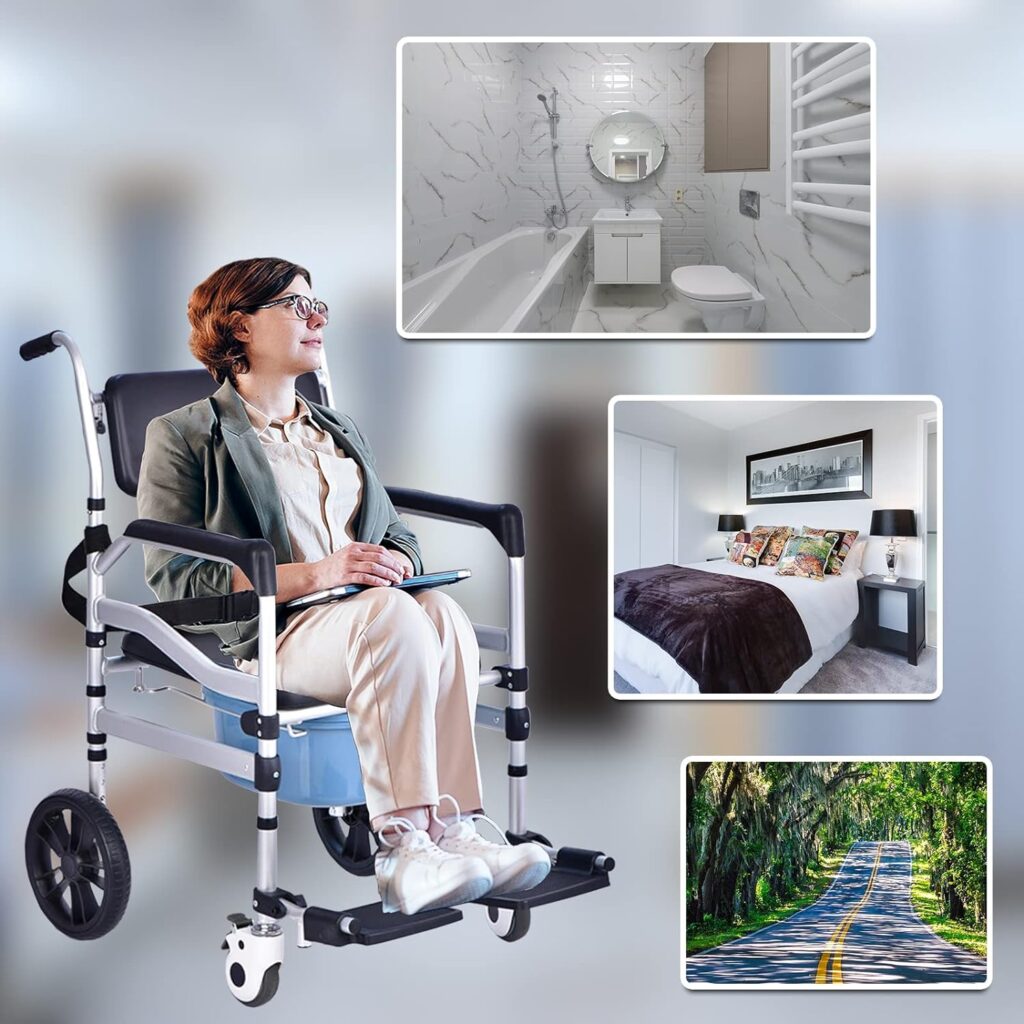 CHAVELLY Shower Chair with Wheels, 3 in 1 Commode, Handicap Toilet, Bedside Commode, Commode Chair for Toilet with arms, Folding Shower Commode Wheelchair, Bedside commodes for Seniors