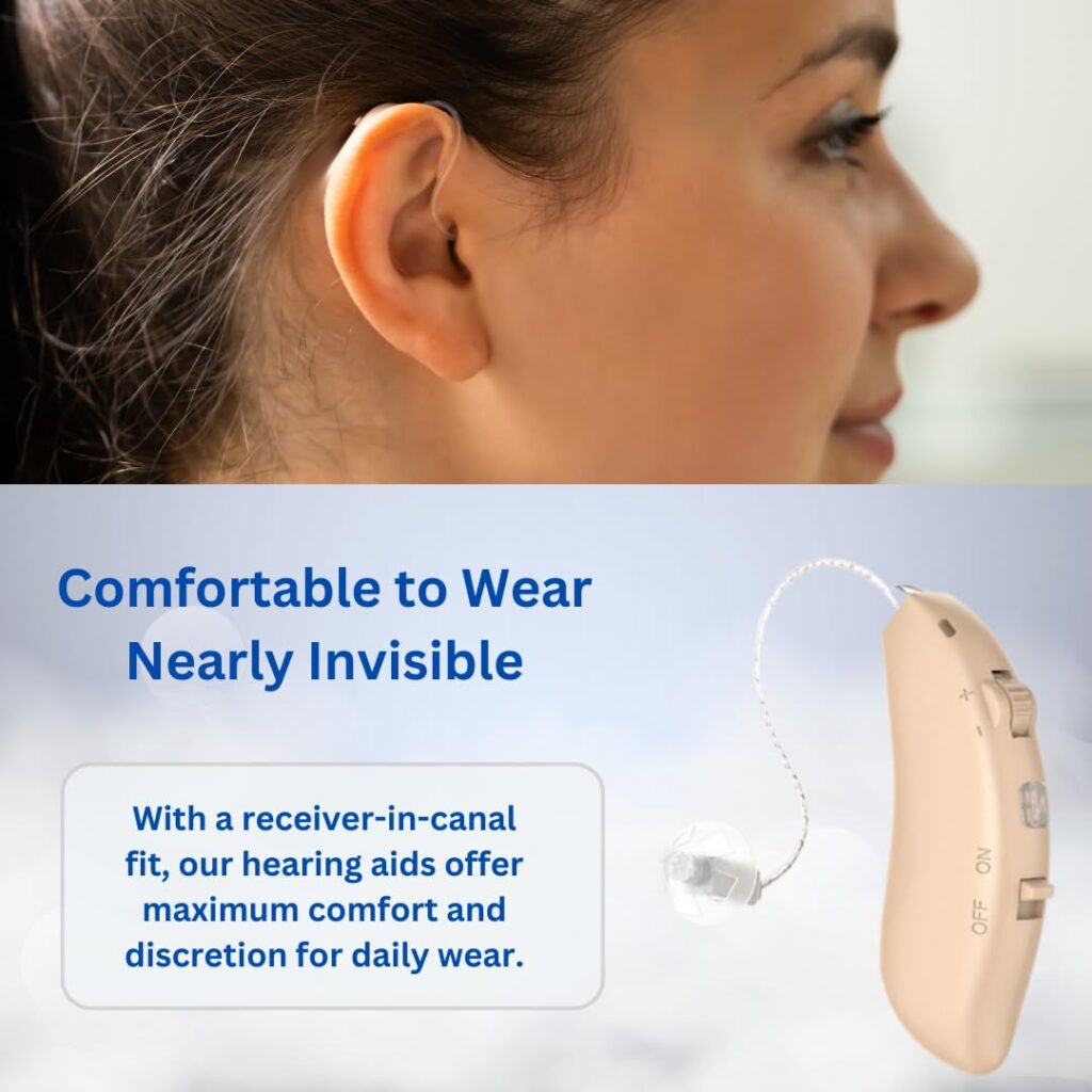 Clarity Audiology Rechargeable Hearing Aids for Seniors, Noise Cancelling, Wireless Charging Case, Comfortable and Discreet Receiver in Canal (RIC) Design