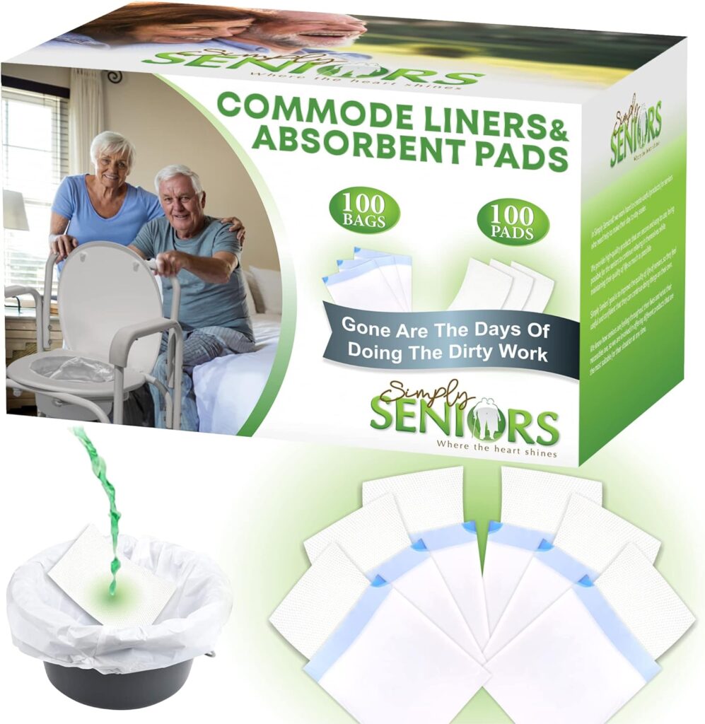 Commode Liners with Absorbent Pads - 100 Bedside Commode Liners  Pads - Portable Toilet Bags for Porta Potty  Camping - No More Days Washing The Bucket of The Commode Chair for Toilet with Arms