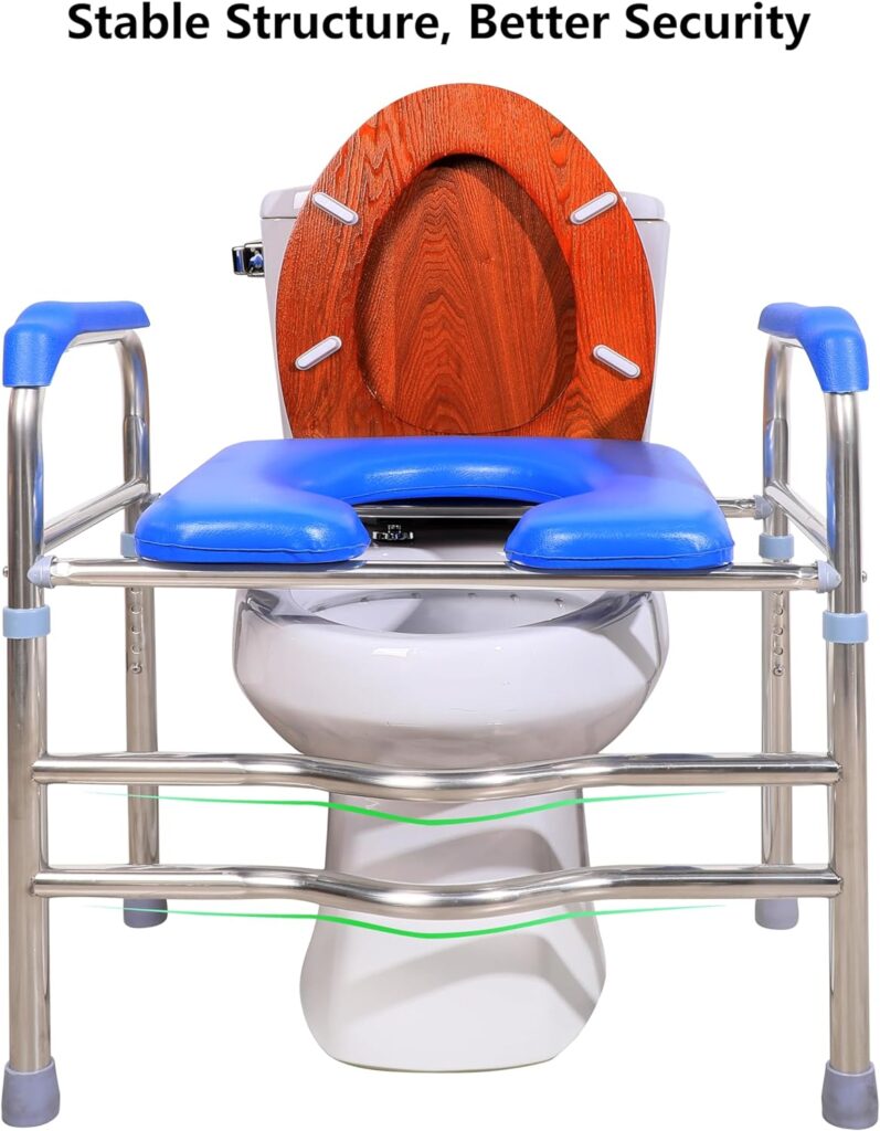 Deewow Raised Toilet Seat with Handles up to 450lbs, Elevated Handicap Toilet Seat Riser for Seniors with Soft Padded, Height Adjustable, Stand Alone Toilet Safety Frame, Fit Any Toilet, Blue