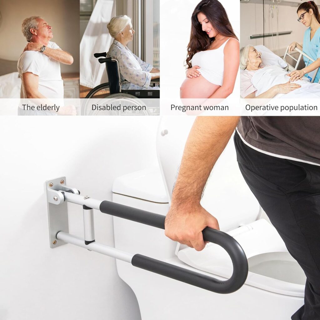 DITOSH 28 Inch Toilet Grab Bar Flip Up Aluminum Handicap Rails Grab Bars Toilet Rail Bathroom U Shaped and Wall Mount Safety for Seniors Elderly Disabled Pregnant Injured Patients (28in, Black)