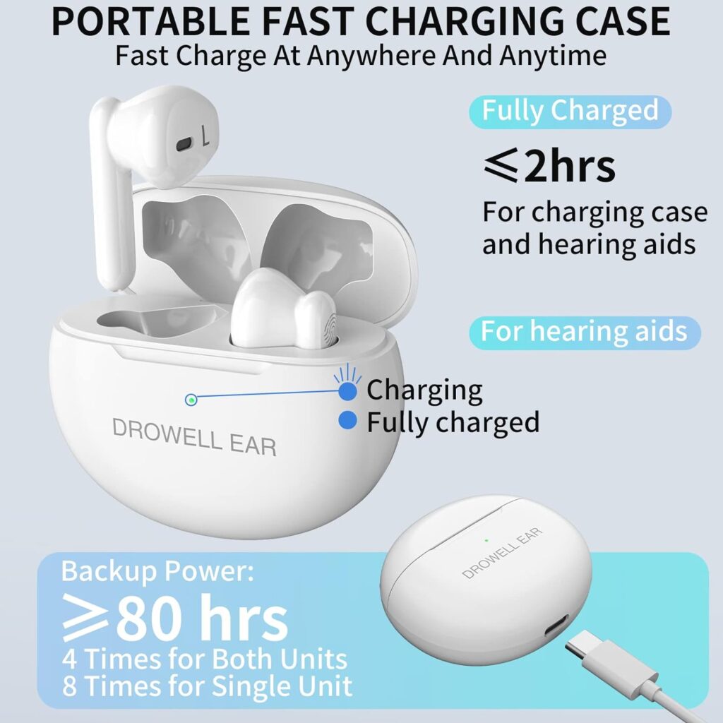 DROWELL EAR Hearing Aids, Hearing Aids for Seniors Rechargeable with Noise Cancelling Hearing Amplifiers for Seniors  Adults Hearing Loss with Portable Charging Case White