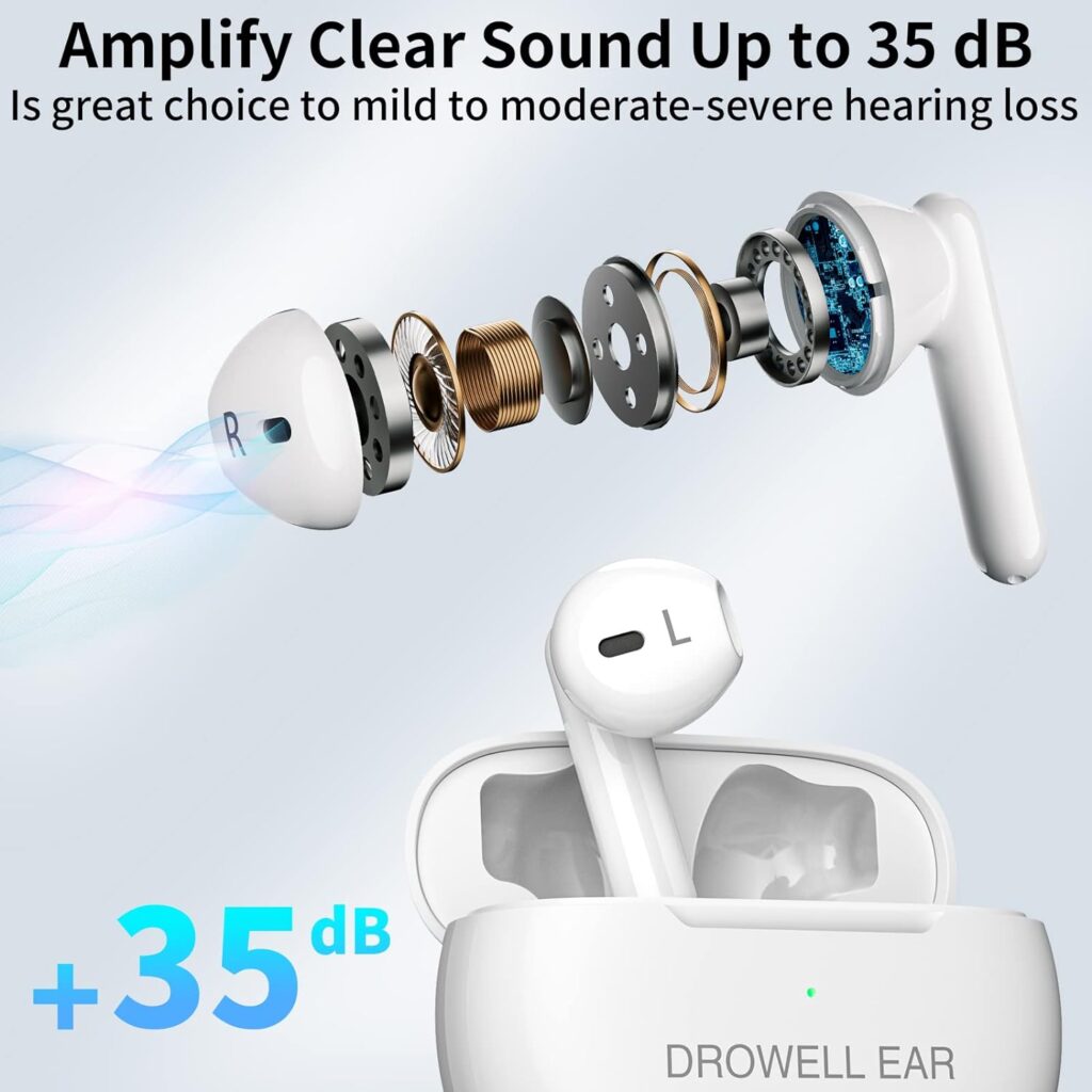 DROWELL EAR Hearing Aids, Hearing Aids for Seniors Rechargeable with Noise Cancelling Hearing Amplifiers for Seniors  Adults Hearing Loss with Portable Charging Case White