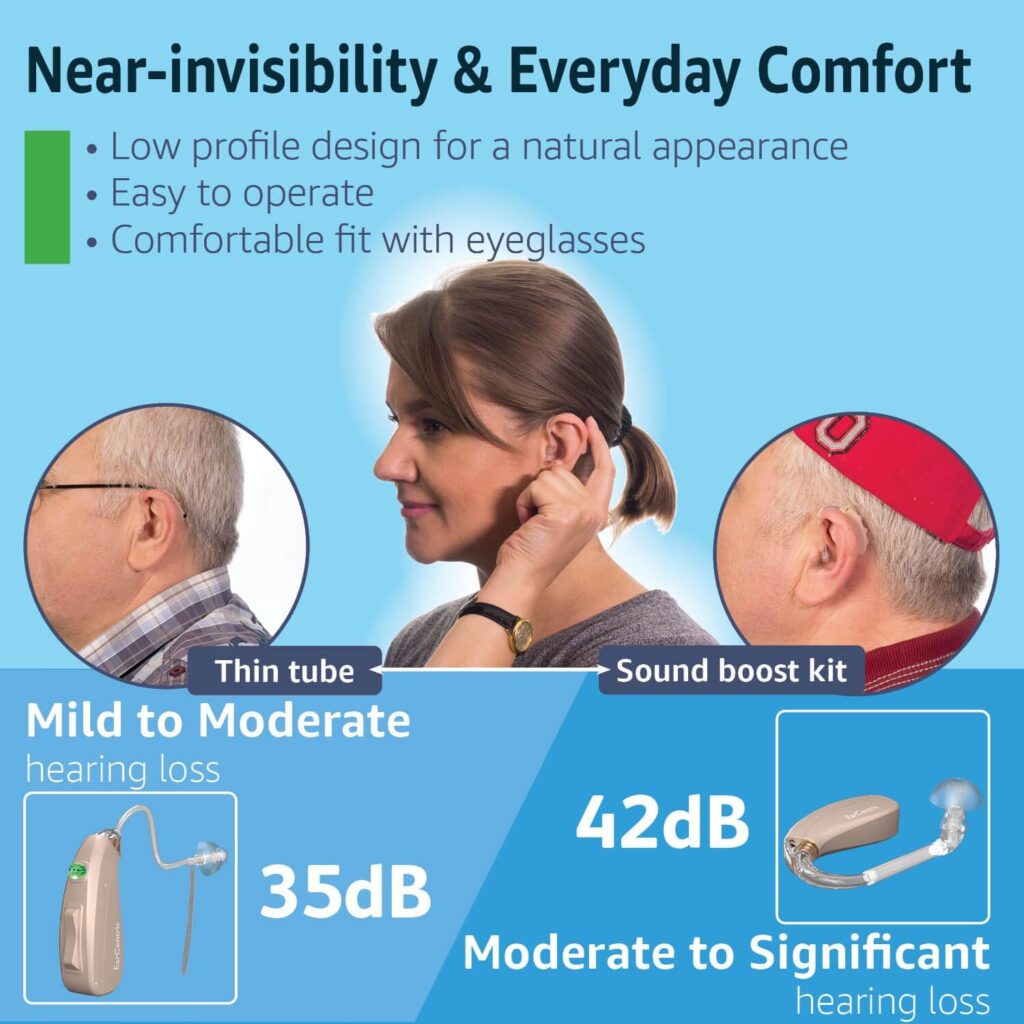 EarCentric EasyCharge Rechargeable Hearing Aids for Seniors Mid-Aged - Mild to Severe High Frequency Hearing Loss Aid OTC Sound Amplifiers - Magnetic Charger, 24x7 Customer Support [Light Beige-Pair]