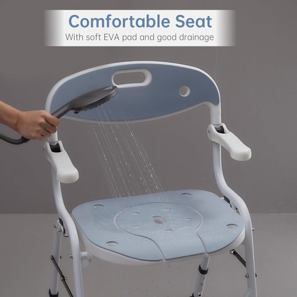 ELENKER Folding Shower Chair, Bath Safety Seat with Soft EVA Cushion and Detachable Commode for Seniors Handicap and Pregnant Women, No Installation Required