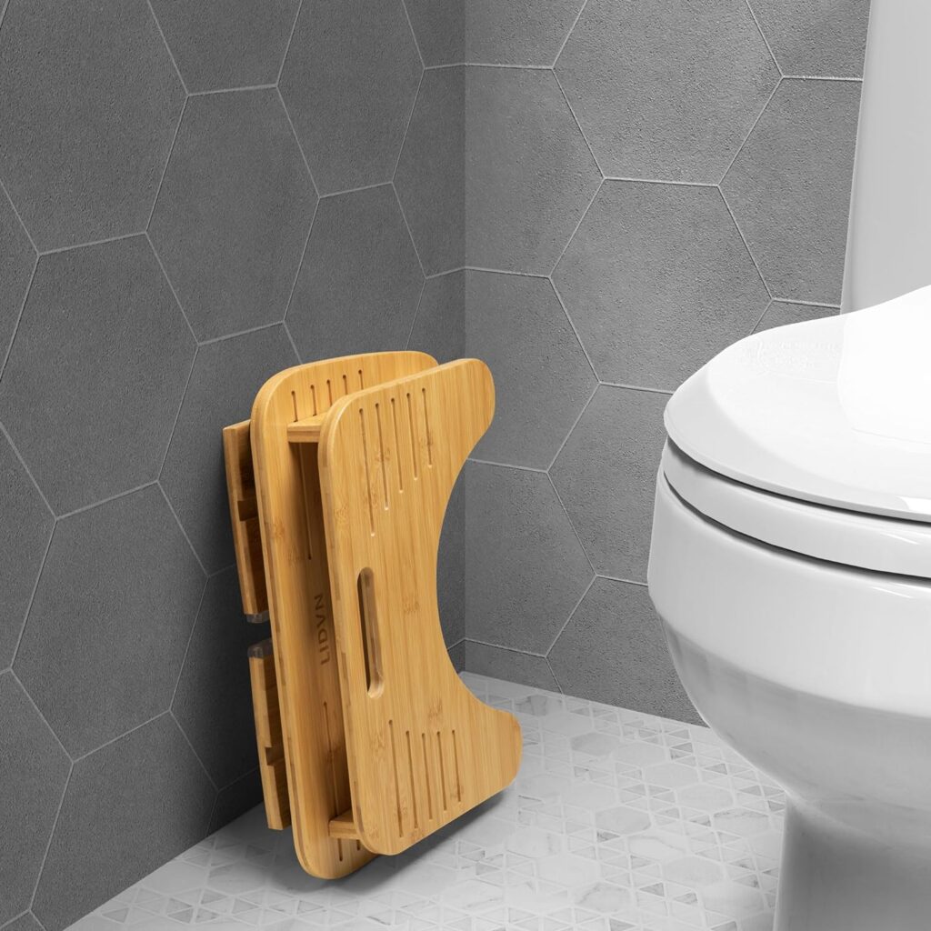 Foldable Bamboo Toilet Stool Step 7-Inches and 9-Inches Adjustable Heights, Wooden Bathroom Step Stool Squat Non-Slip Portable Collapsible Poop Stool for Kids Seniors Adults [Original Wooden Color]