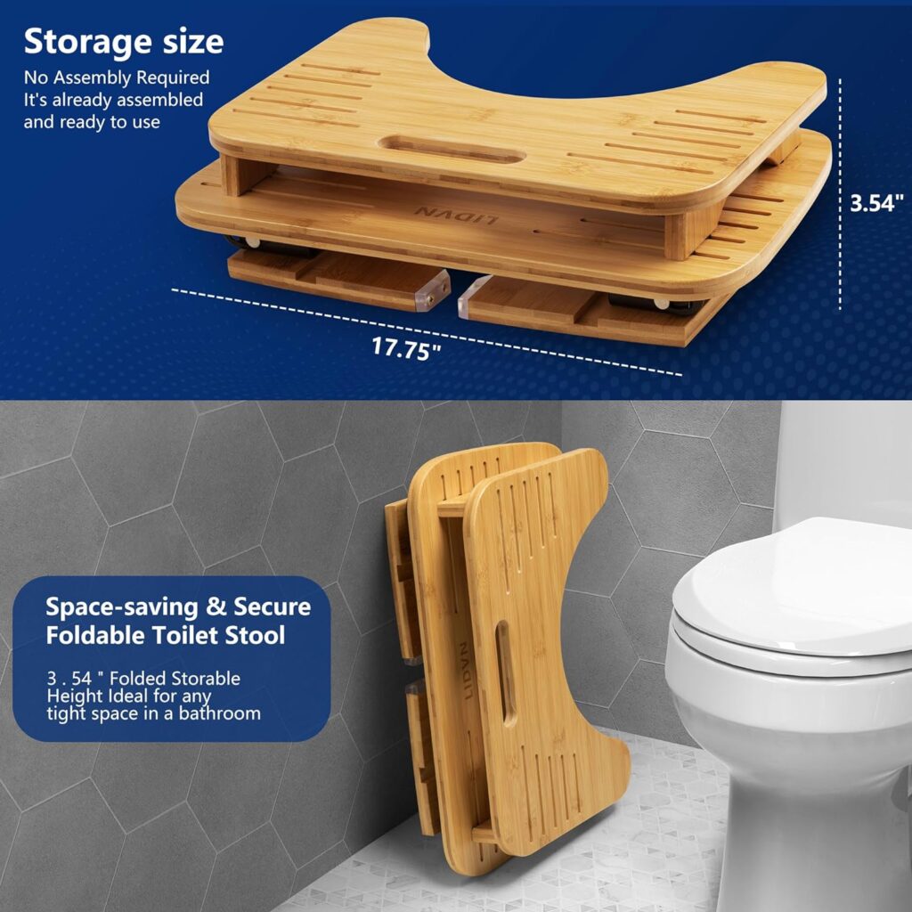 Foldable Bamboo Toilet Stool Step 7-Inches and 9-Inches Adjustable Heights, Wooden Bathroom Step Stool Squat Non-Slip Portable Collapsible Poop Stool for Kids Seniors Adults [Original Wooden Color]