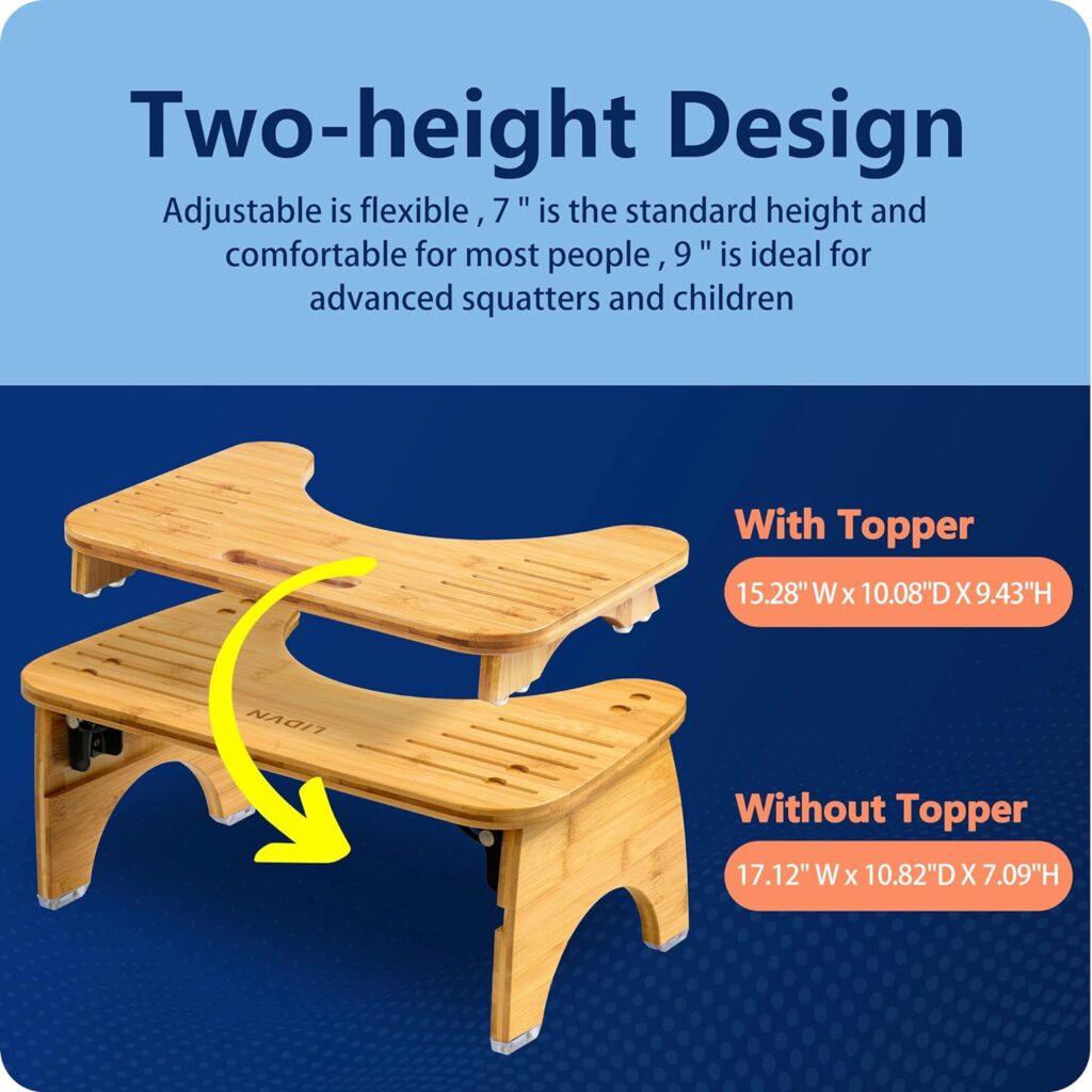 Foldable Bamboo Toilet Stool Step 7-Inches and 9-Inches Adjustable Heights, Wooden Bathroom Step Stool Squat Non-Slip Portable Collapsible Poop Stool for Kids Seniors Adults [Original Wooden Color]