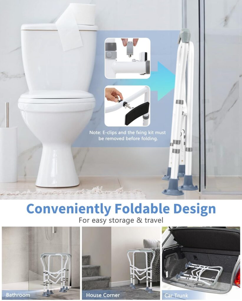 Foldable Toilet Safety Rail, Hybodies Toilet Safety Frame with Handle for Senior, Adjustable Height Width, Handrails Grab Bar and Commode Safety Frame Handle, Up to 350 Lbs, Fits for Any Toilets