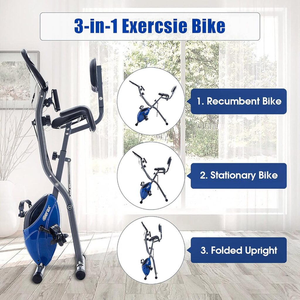 Folding Exercise Bike, 3 IN 1 Recumbent Exercise Bike for Home Gym Workout, Indoor Cycling Bike, Upright X-Bike Stationary Bike Position, 10-Level Magnetic Resistance Fitness Bike for Adults, Seniors