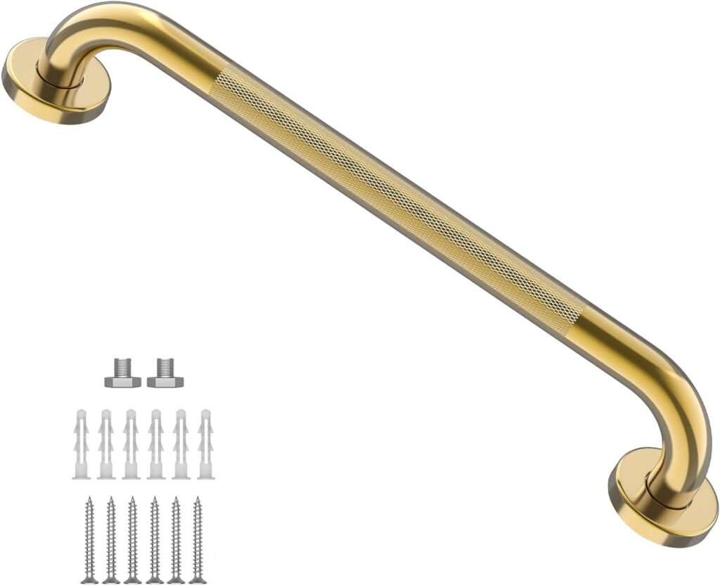 Gold Shower Grab Bar 24 Inch, Zepolu Stainless Steel Anti-Slip Bathroom Grab Bar w/Knurled Grip, Golden Safety Balance Support Toilet Assist Handrail Textured Handle for Handicap Injury Elderly Senior