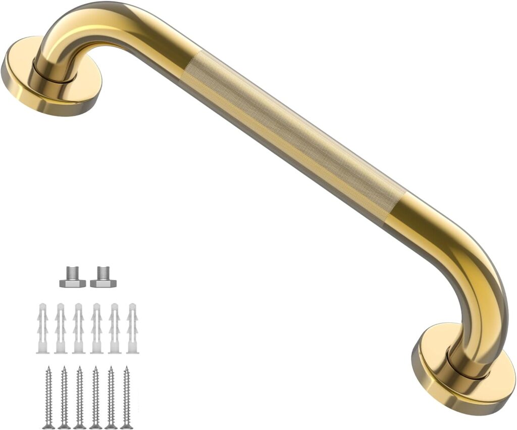 Gold Shower Grab Bar 24 Inch, Zepolu Stainless Steel Anti-Slip Bathroom Grab Bar w/Knurled Grip, Golden Safety Balance Support Toilet Assist Handrail Textured Handle for Handicap Injury Elderly Senior