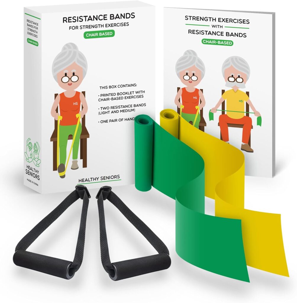 Healthy Seniors Chair Exercises for Seniors - Two Resistance Bands, Handles, and Printed Exercise Guide. Adjustable Fitness Equipment for Seniors, Elderly Home. Occupational Physical Therapy Aids