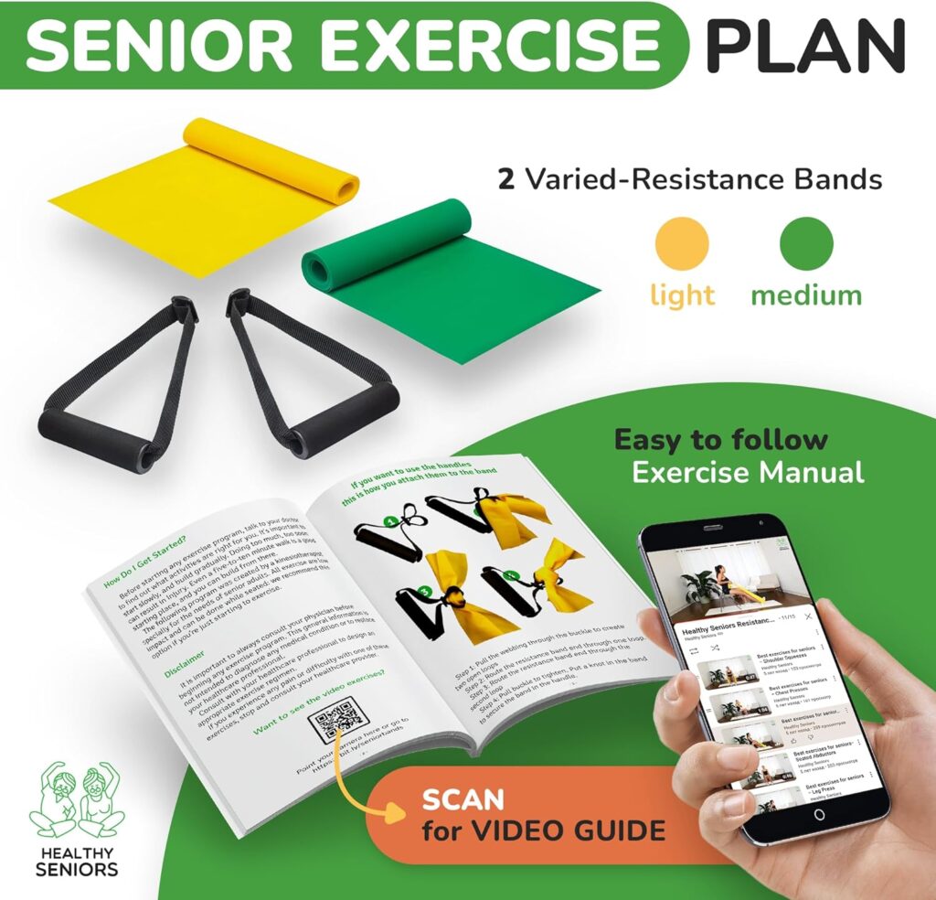 Healthy Seniors Chair Exercises for Seniors - Two Resistance Bands, Handles, and Printed Exercise Guide. Adjustable Fitness Equipment for Seniors, Elderly Home. Occupational Physical Therapy Aids