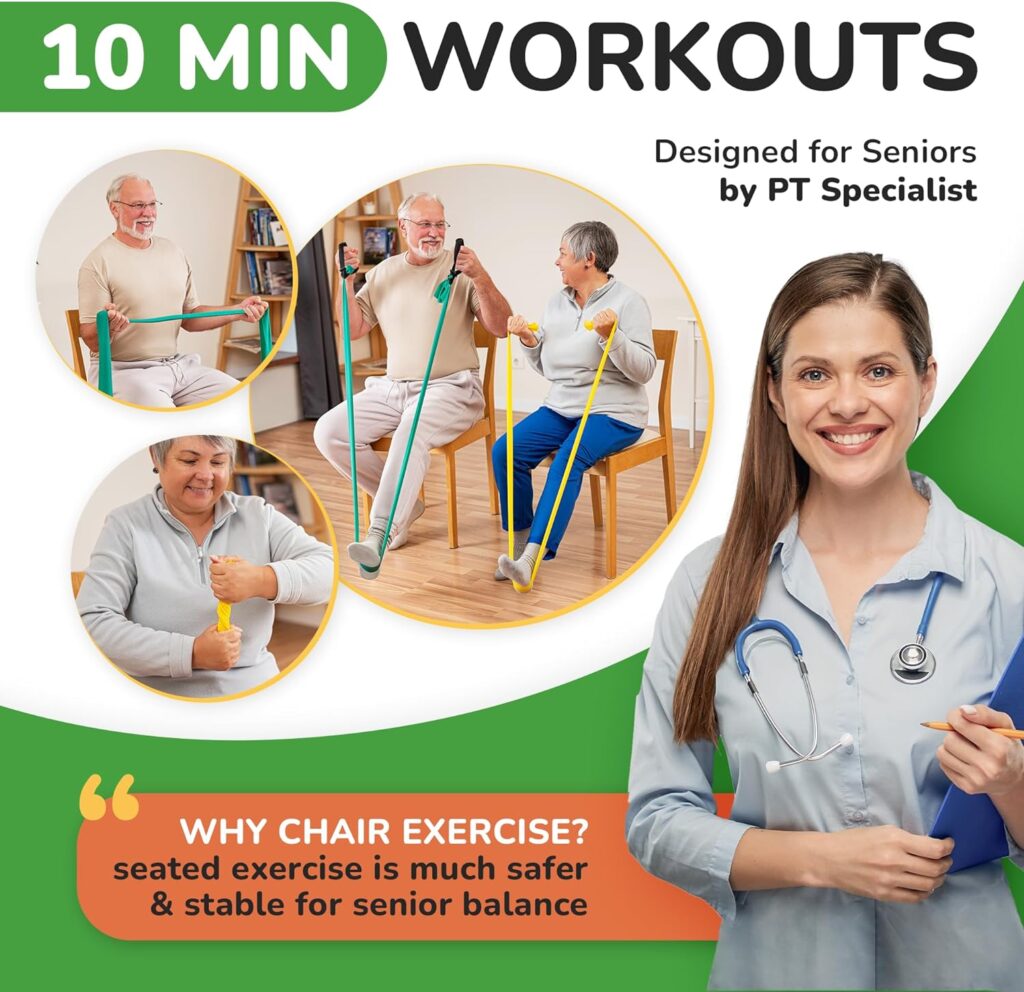 Healthy Seniors Chair Exercises for Seniors - Two Resistance Bands, Handles, and Printed Exercise Guide. Adjustable Fitness Equipment for Seniors, Elderly Home. Occupational Physical Therapy Aids