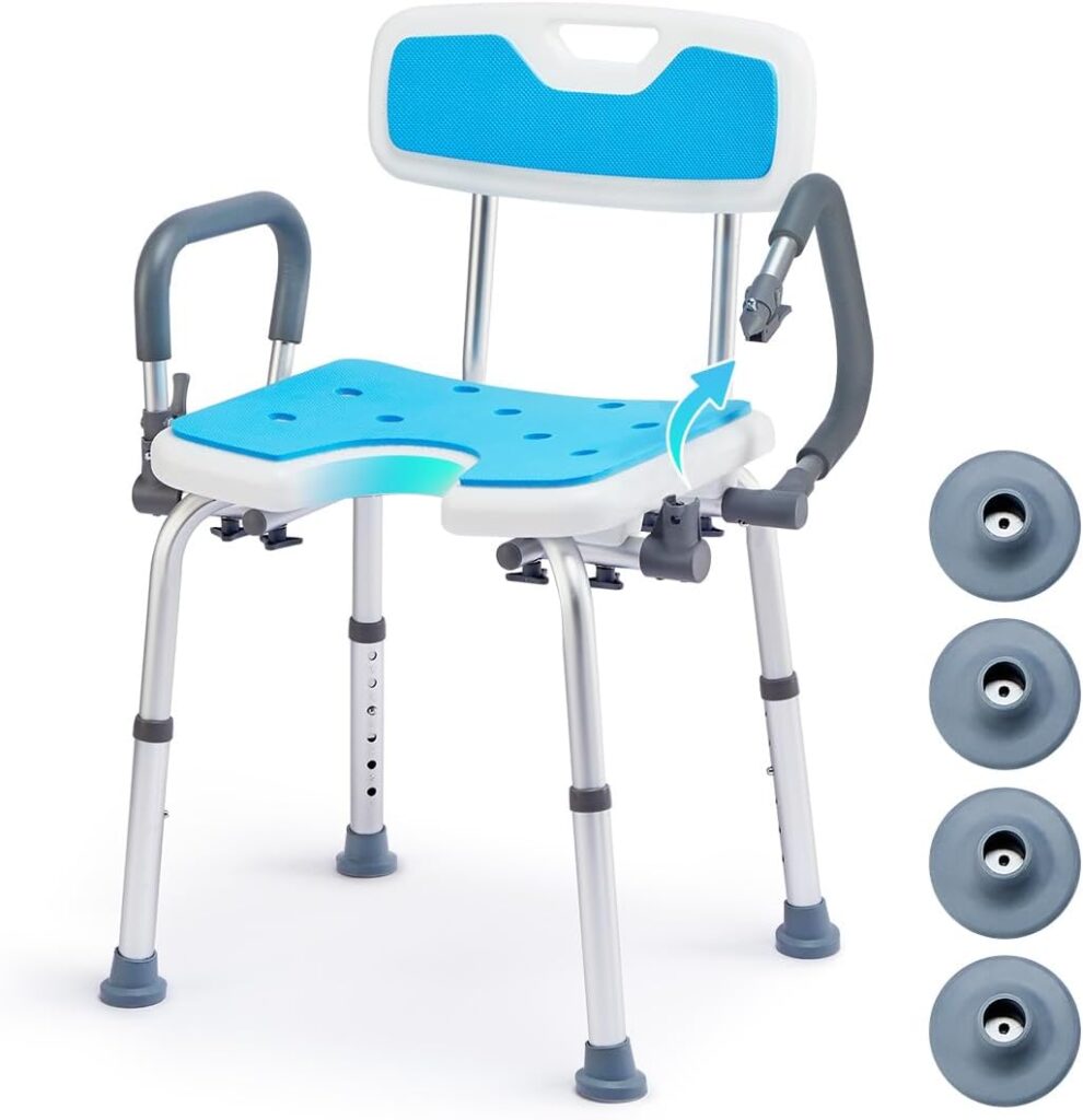 HEAO Shower Chair with Extra 4 Non-Slip Large Tips, Padded Bath Chair with Detachable Arms  Cutout Seat, Height Adjustable Tool-Free Shower Bench Bathtub Stool for Elderly, Pregnant, Handicap