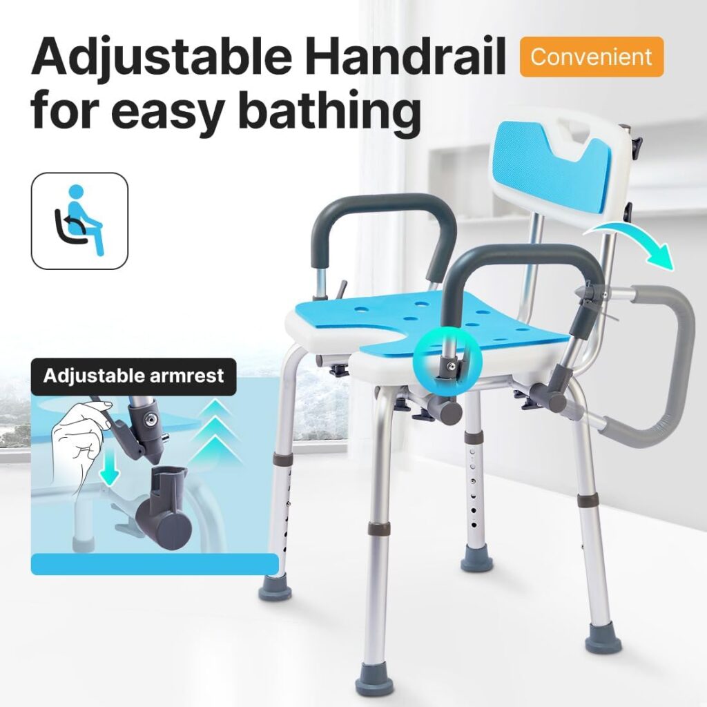 HEAO Shower Chair with Extra 4 Non-Slip Large Tips, Padded Bath Chair with Detachable Arms  Cutout Seat, Height Adjustable Tool-Free Shower Bench Bathtub Stool for Elderly, Pregnant, Handicap