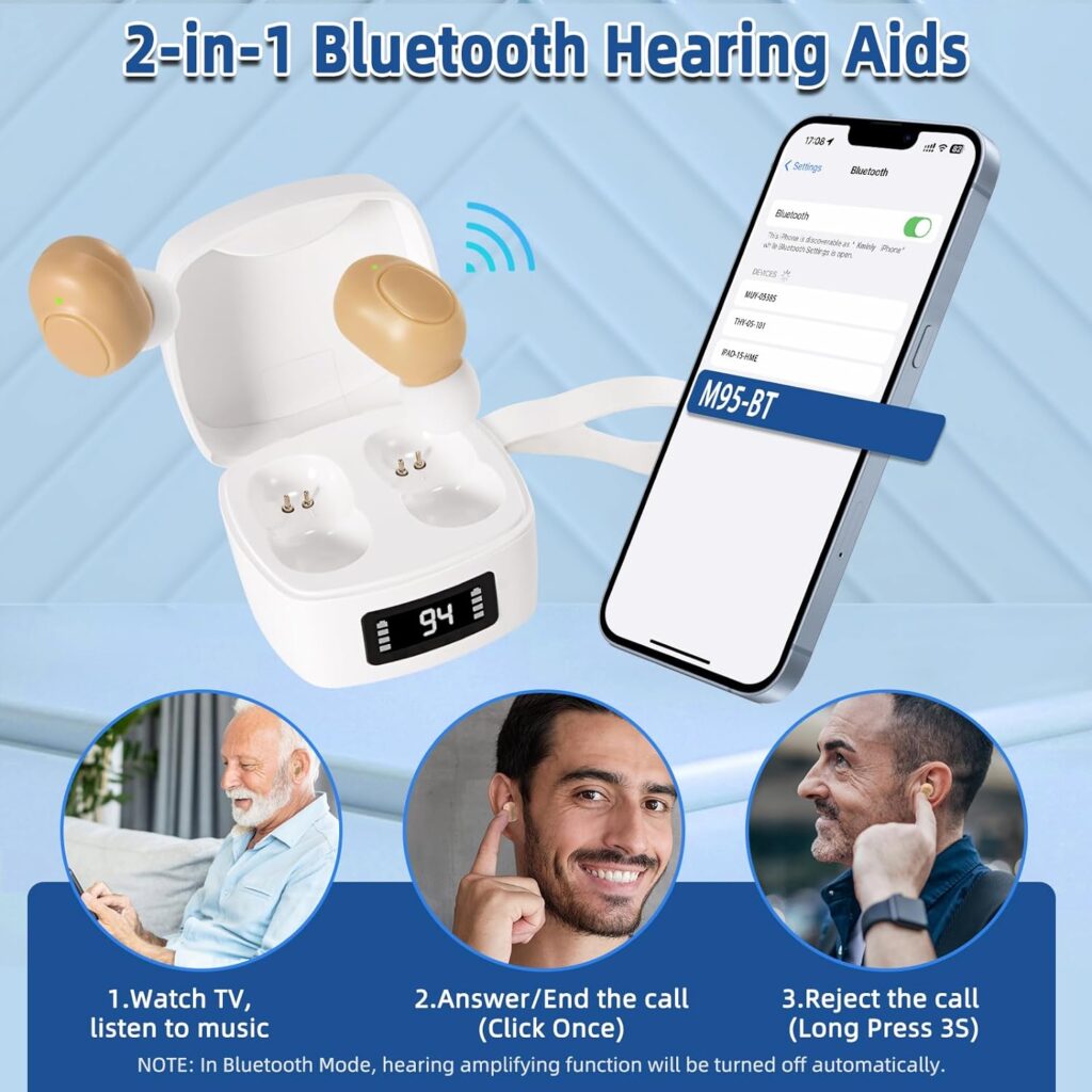 Hearing Aids for Seniors-OUGESH Bluetooth Hearing Amplifiers, Rechargeable Digital Invisible OTC Hearing Aid for Adults with Noise Cancelling, LED Power Display Battery Case, Gifts for Elderly