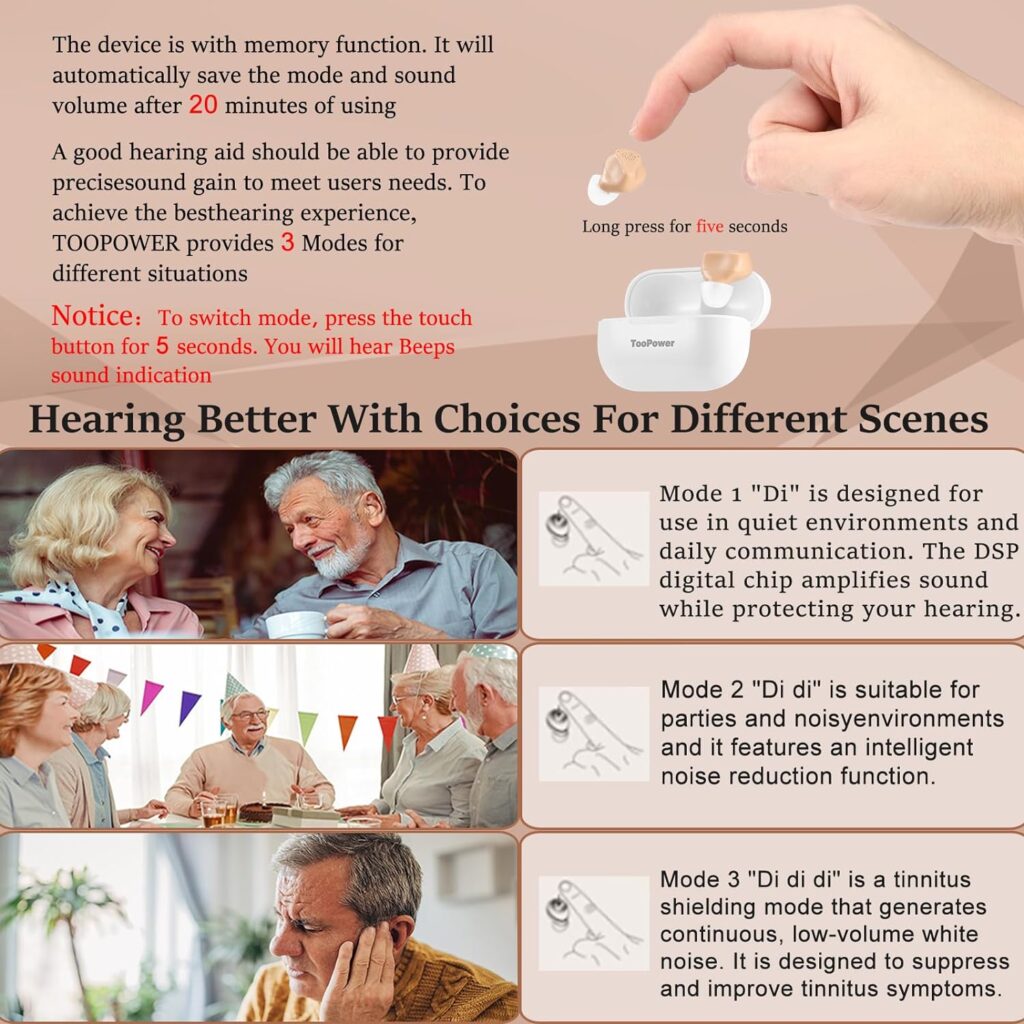 Hearing Aids for Seniors Rechargeable with Noise Cancelling,OTC Digital Devices for Super Nature Sound,Three Different Modes,Adjustable Volume in Five Levels,Dual Microphone,No Whistling Sound