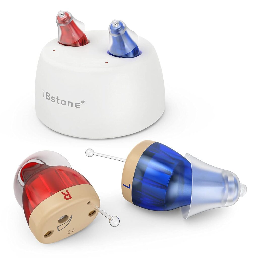 Hearing Aids, iBstone Rechargeable Hearing Aids to Assist Hearing for Seniors  Adults, Mini Completely-in-Canal Digital Hearing Devices with Noise Cancellation, OTC, Pair (Blue  Red with White Base)