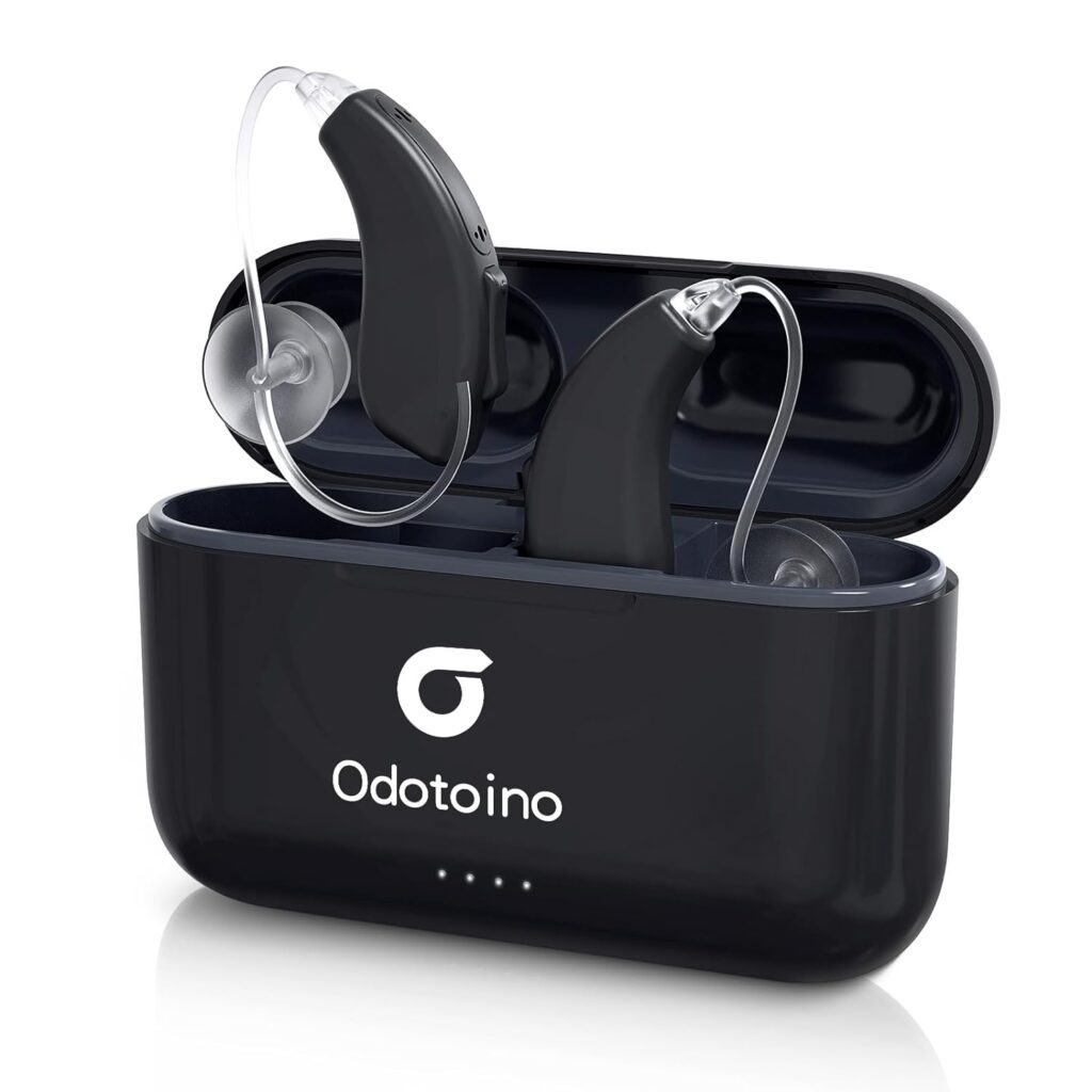 Hearing Aids, ODOTOINO Rechargeable Hearing Aid for Seniors Adults with Noise Cancelling, 16-Channel Digital Invisible Hearing Amplifier with Volume Control, Portable Charging Case, Black